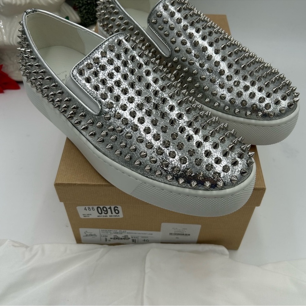 Men’s Christian Louboutin, roller boat, metallic silver spike sneakers size 46